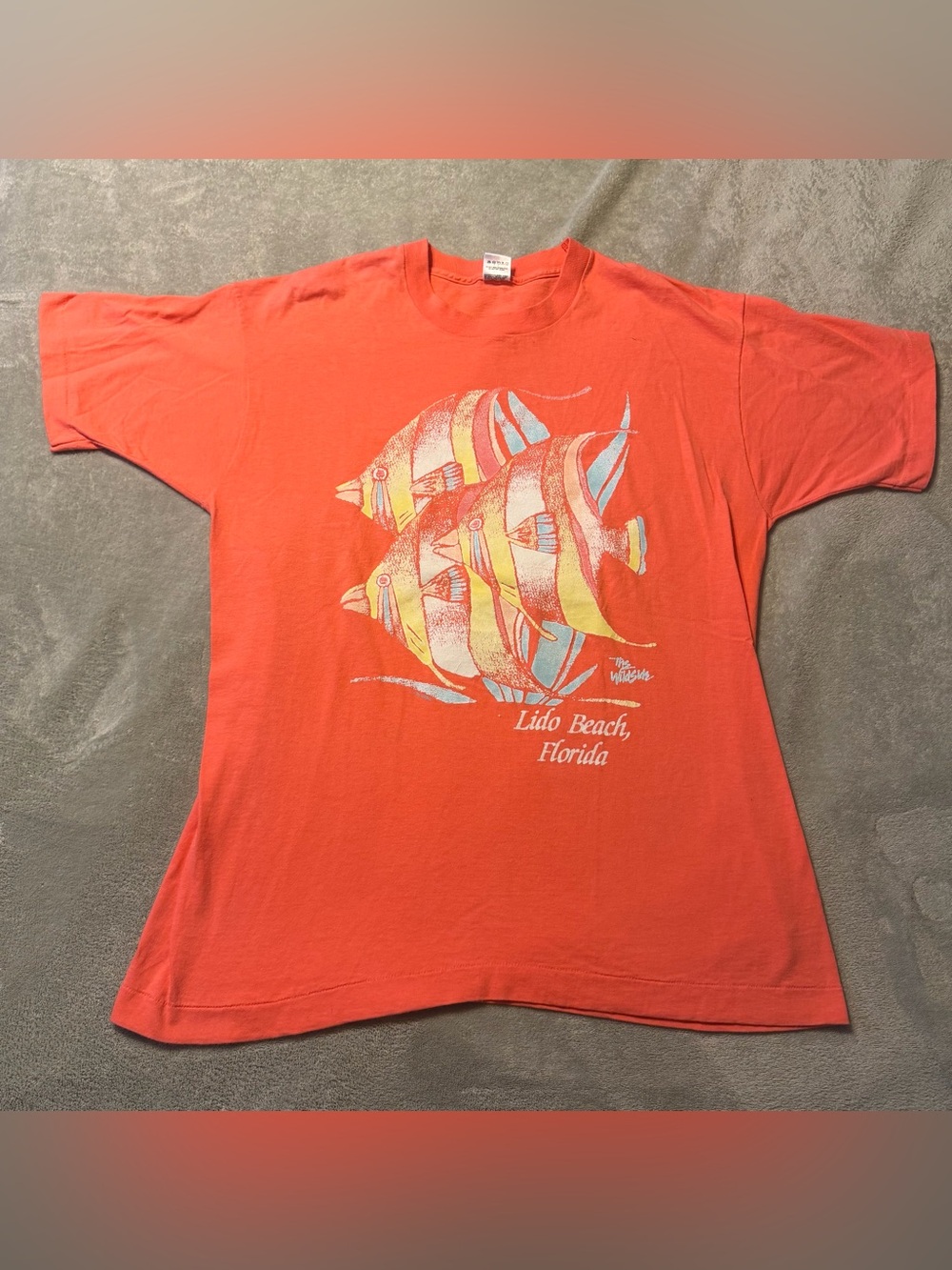 Vintage Lido Beach Sarasota Florida Tropical Fish Coral Pink Shirt Size XL.